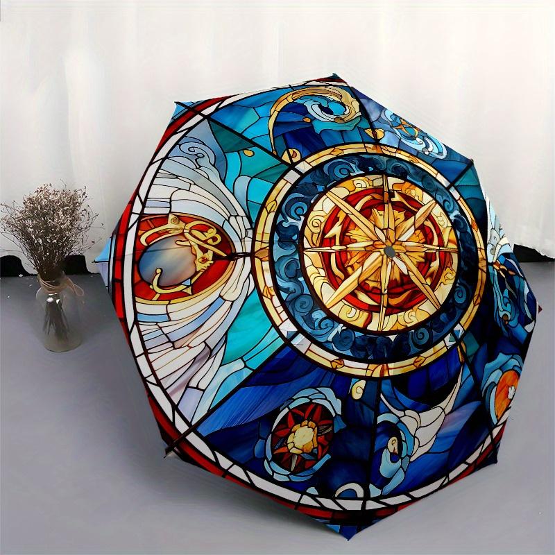 Stained Glass Window Panel with Compass Design, Decorative Art for Home or Church Umbrella, Cute Umbrella with Cute Design, Portable 3-Fold Compact Um