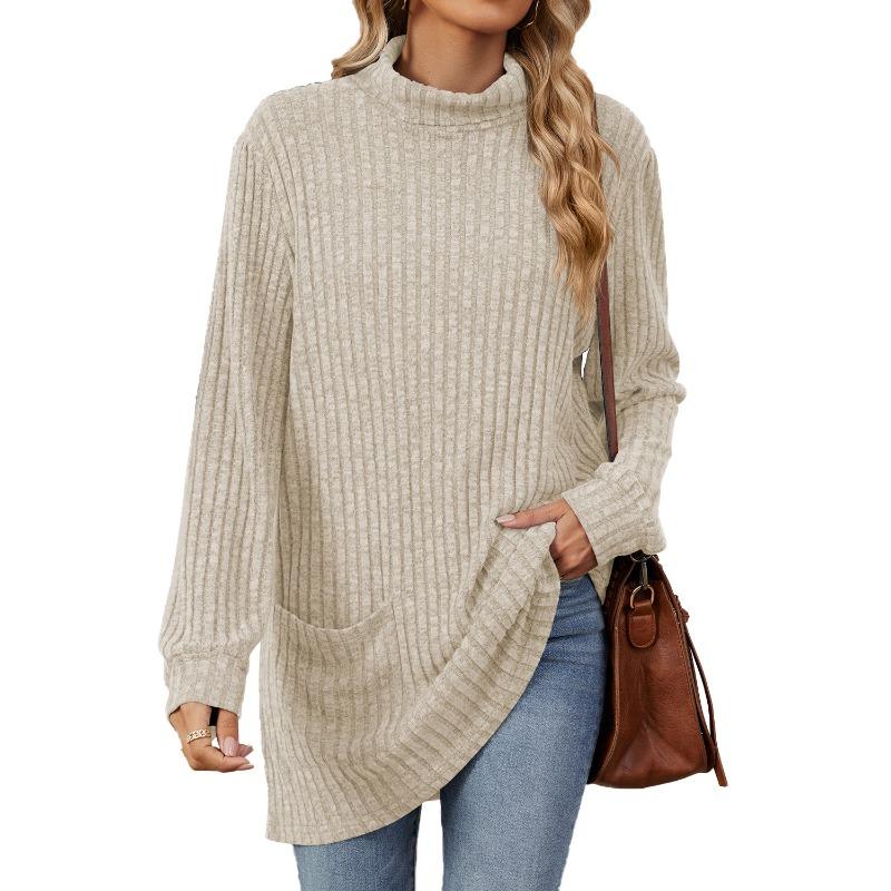 Autumn and Winter Women's Blouse Solid Colour Half-high Neck Long Sleeve Loose Pocket Tops