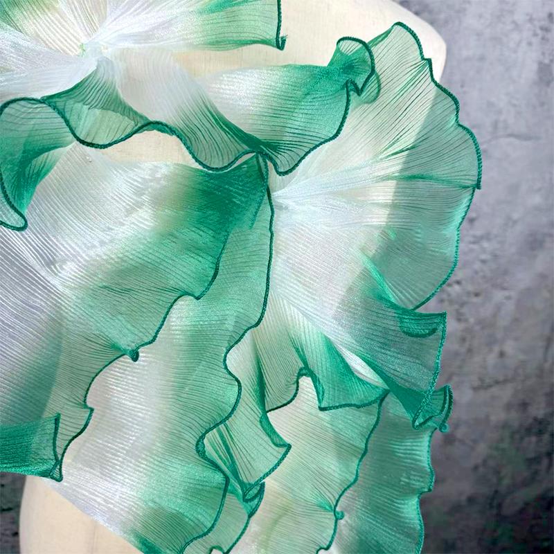 1PC Organza Lace Wedding Fashion Gradient Color Large Wavy Pleated Ruffles Dress Sewing