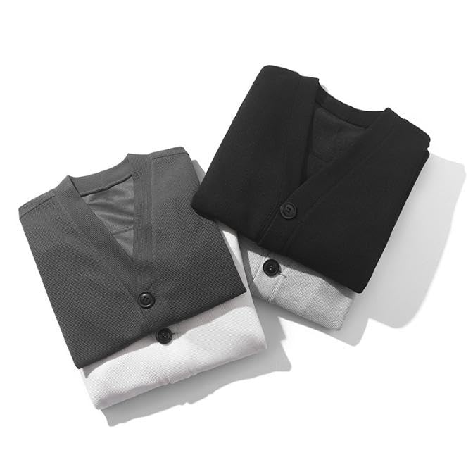 Emptio Simple Long Sleeve Korean Office Slim Half Washable Moe Waffle Light Gray Men's Cardigan, Washable, Warm, Knit, Oversized, Stylish, Wear, Fit,