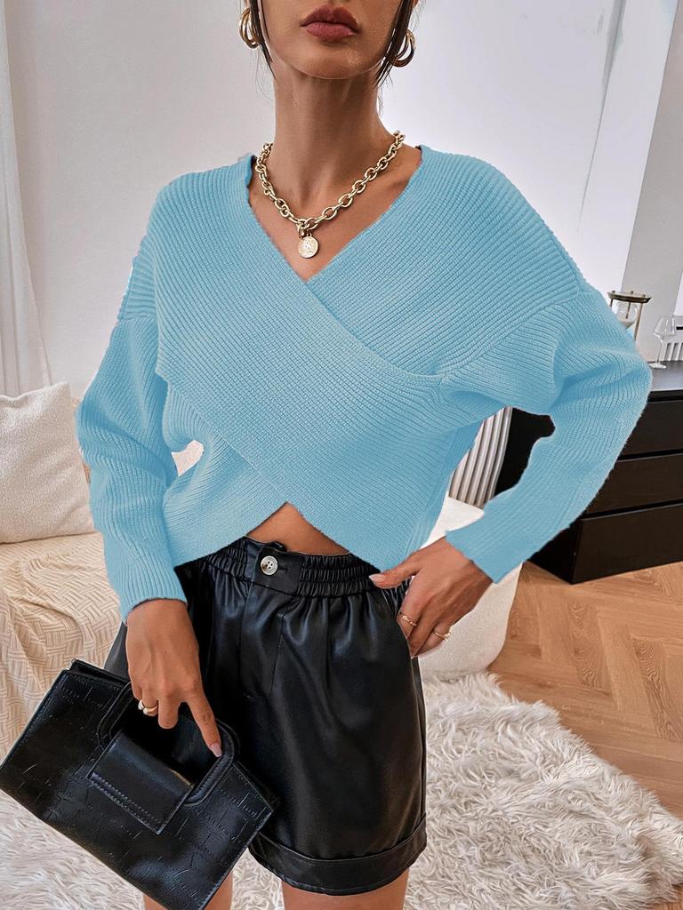 2025 Европейский и американский осенне-зимний кроп-топ с V-образным вырезом и перекрестной завязкой, пуловер, свитер, кардиган