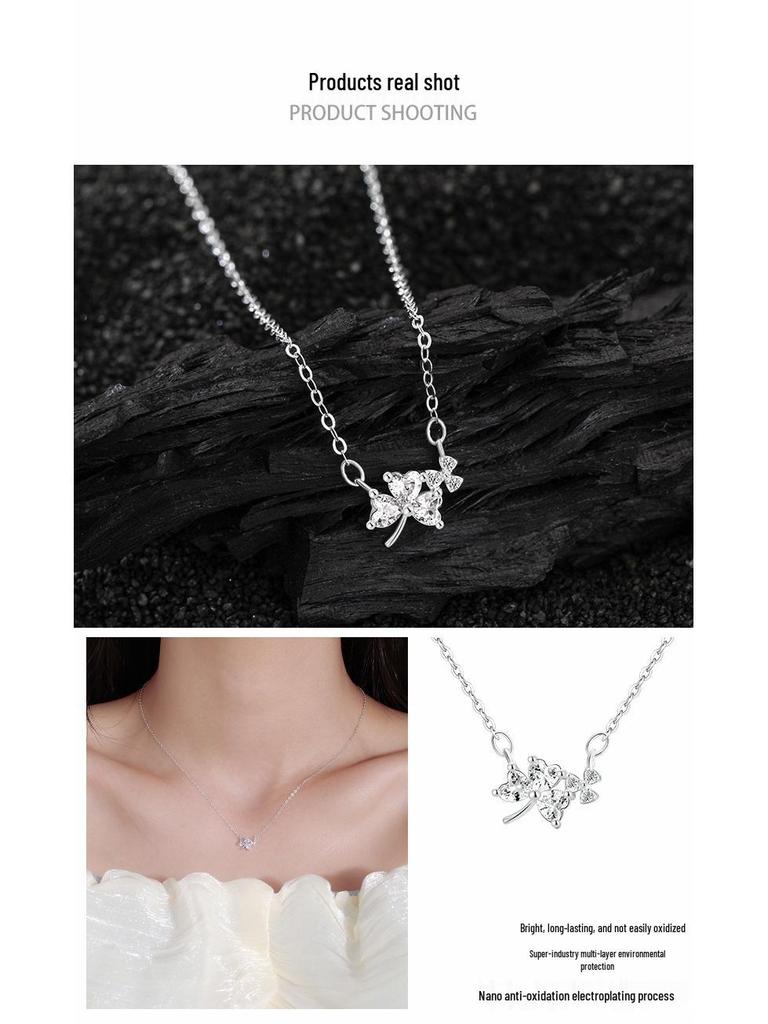 S999 Sterling Silver Minimalist Clover Necklace: Women's Luxurious, High-Design, Super Shiny Clavicle Chain Choker.