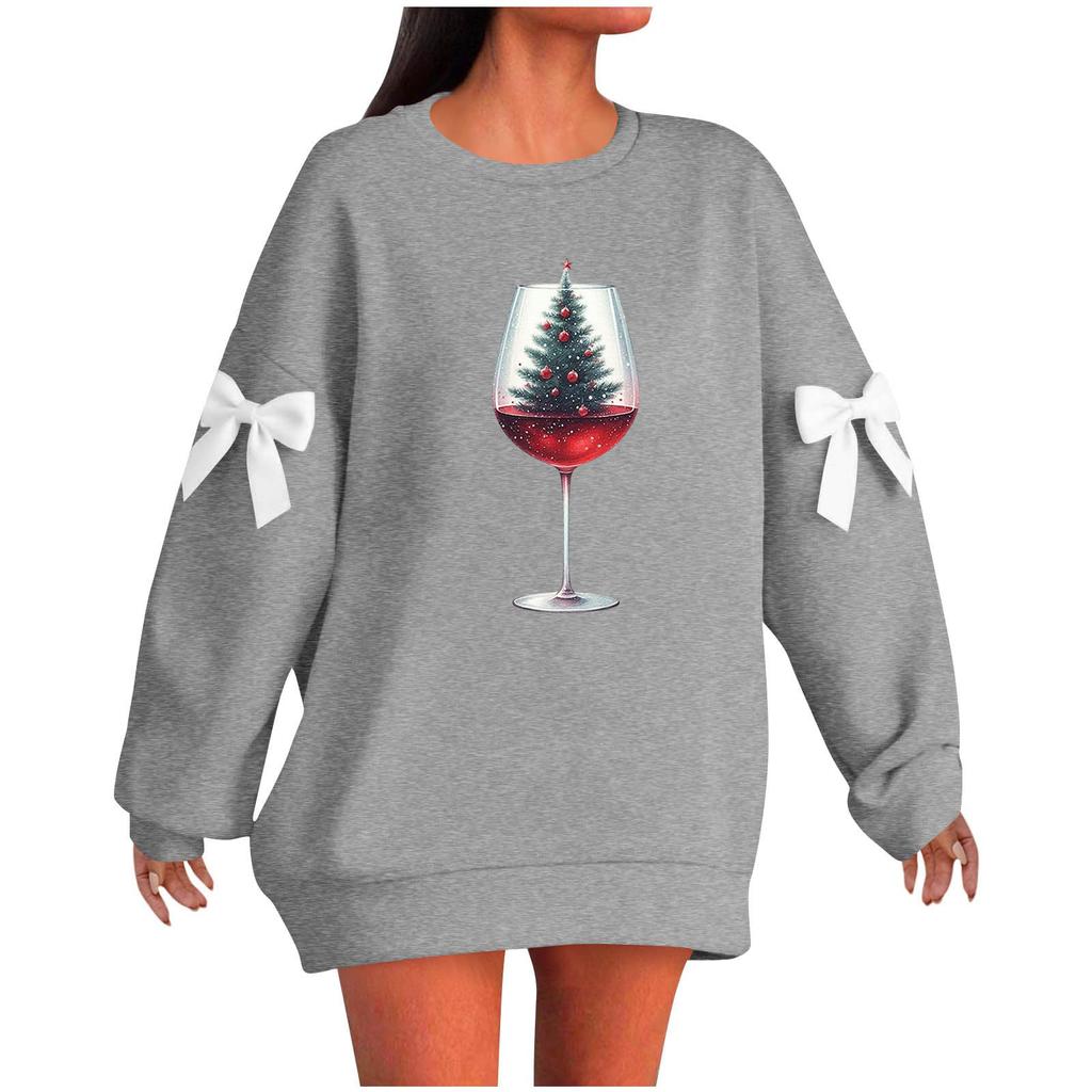 Ladies' Christmas Printed Bow Round Neck Long Sleeved Loose Pullover Sweater Sweatshirt Top