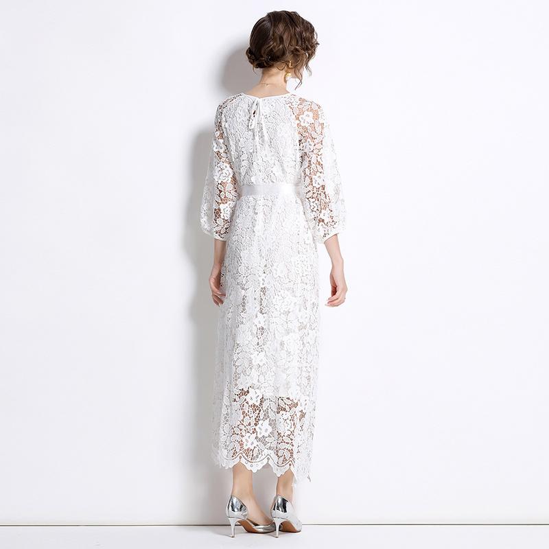 Spring Autumn Women Elegant Embroidery Lace Crochet Flower Oversized Lace-up Ankle Length Party Dresses