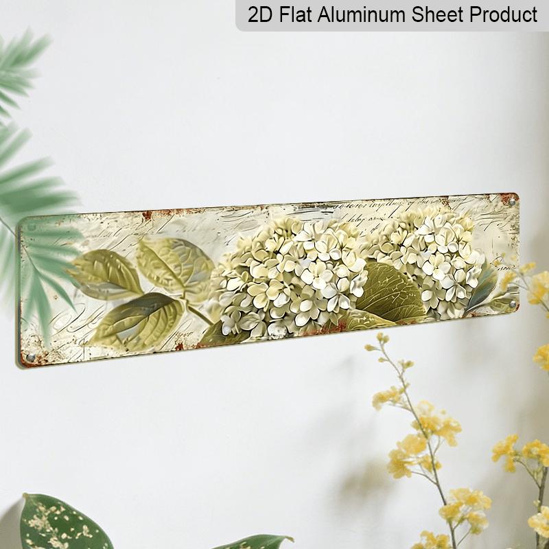 2D Flat, Vintage Hydrangea Metal Wall Art - 3.94 X 15.74inch, UV-Printed Alumium Decorative Sign with Realistic White Flowers and Green Leaves