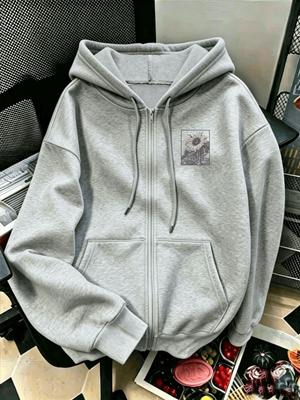 Letter-Printed Zip-Up Hoodie, Casual Zip-Up Long-Sleeve Hoodie - Knitted Polyester Fabric, Perfect for Autumn and Winter.