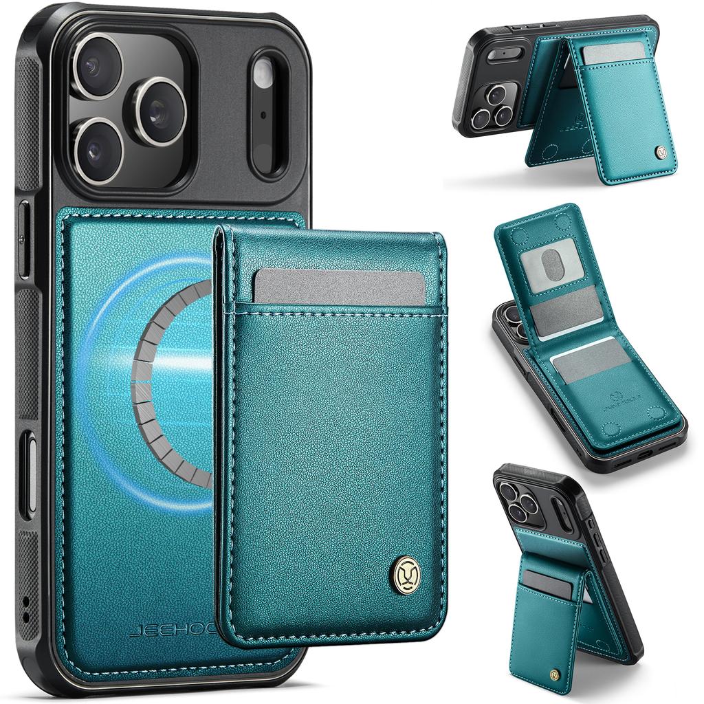 For iPhone 17 Pro Leather Back Cover JEEHOOD J06 Magnetic Phone Case with Card Bag RFID Blocking