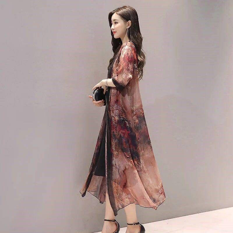 1 кусок шифонового кардигана средней длины, солнцезащитный женский, свободный, повседневный, большой размер, шаль с принтом, кондиционер, пляж