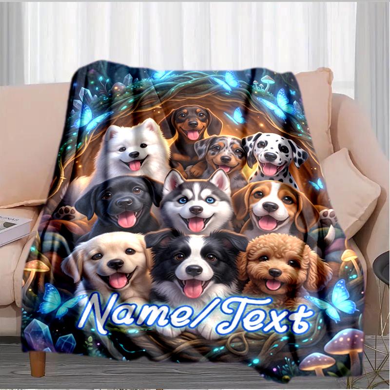 1PC Custom Name Diverse Dogs Fantasy Forest flannel blanket versatile,all-season throw suitable for the living room,bedroom,camping,travel,and gift