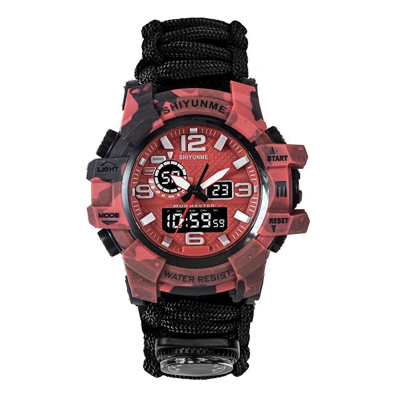 Мужские наручные часы для выживания на открытом воздухе с двойным дисплеем, спасательной веревкой, огнивом, свистком и компасом