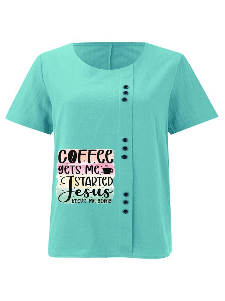 Women's Fashion Letter Pattern Print Round Neck Short Sleeve T-shirt Casual Cotton Linen Graphic Shirt Leisure Loose Summer Blouse Tops
