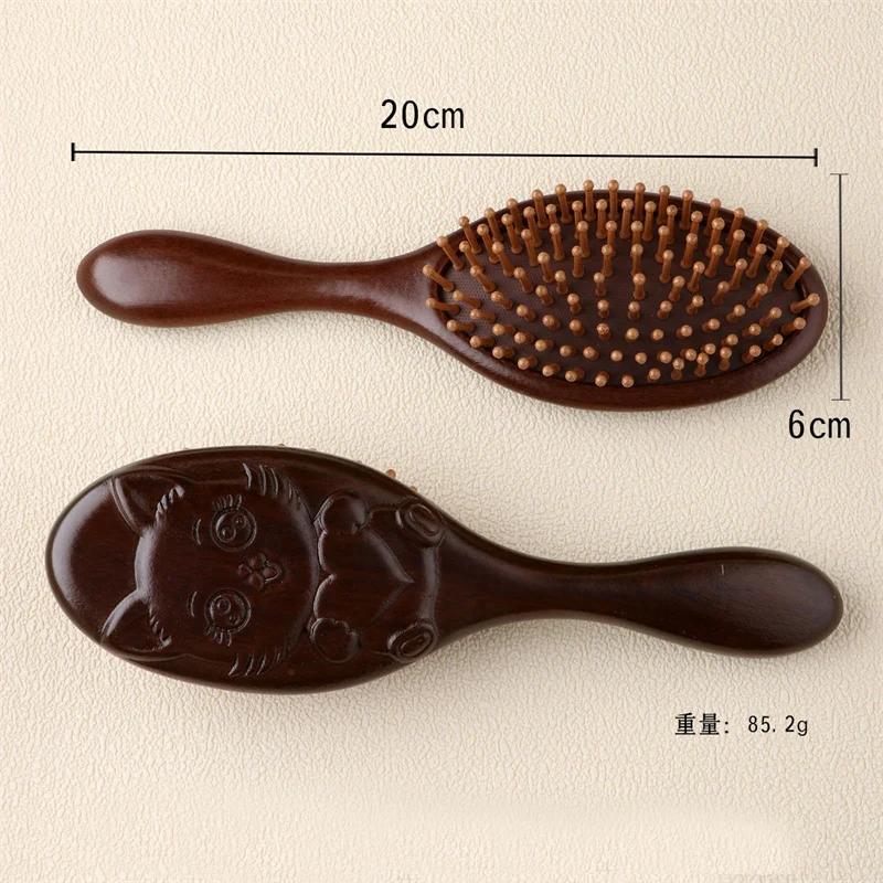BEPAN Hand-Carved Sandalwood Air Cushion Comb with Bamboo Bristles Cat-Shaped Wooden Hair Styling Comb Oval Scalp Massage Brush Comb