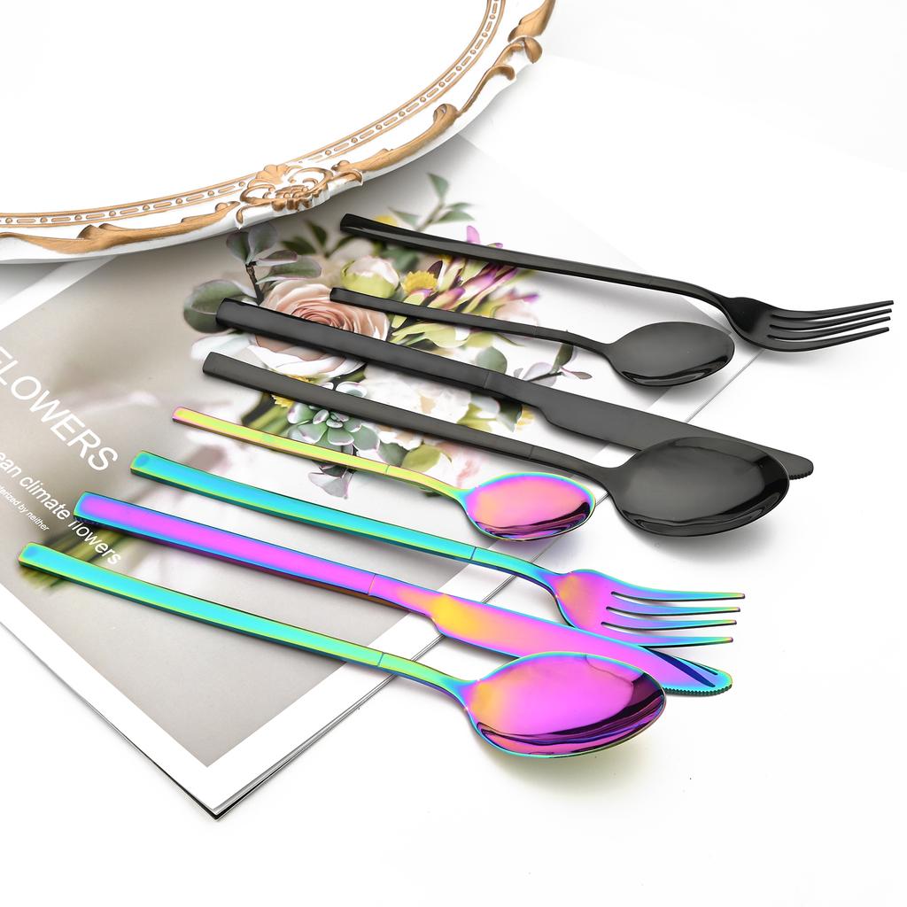 Jankng 16 шт. черные столовые приборы с золотой строчкой, набор посуды из нержавеющей стали, кухонный домашний набор столовых приборов в западном стиле, нож, вилка, ложки, набор посуды