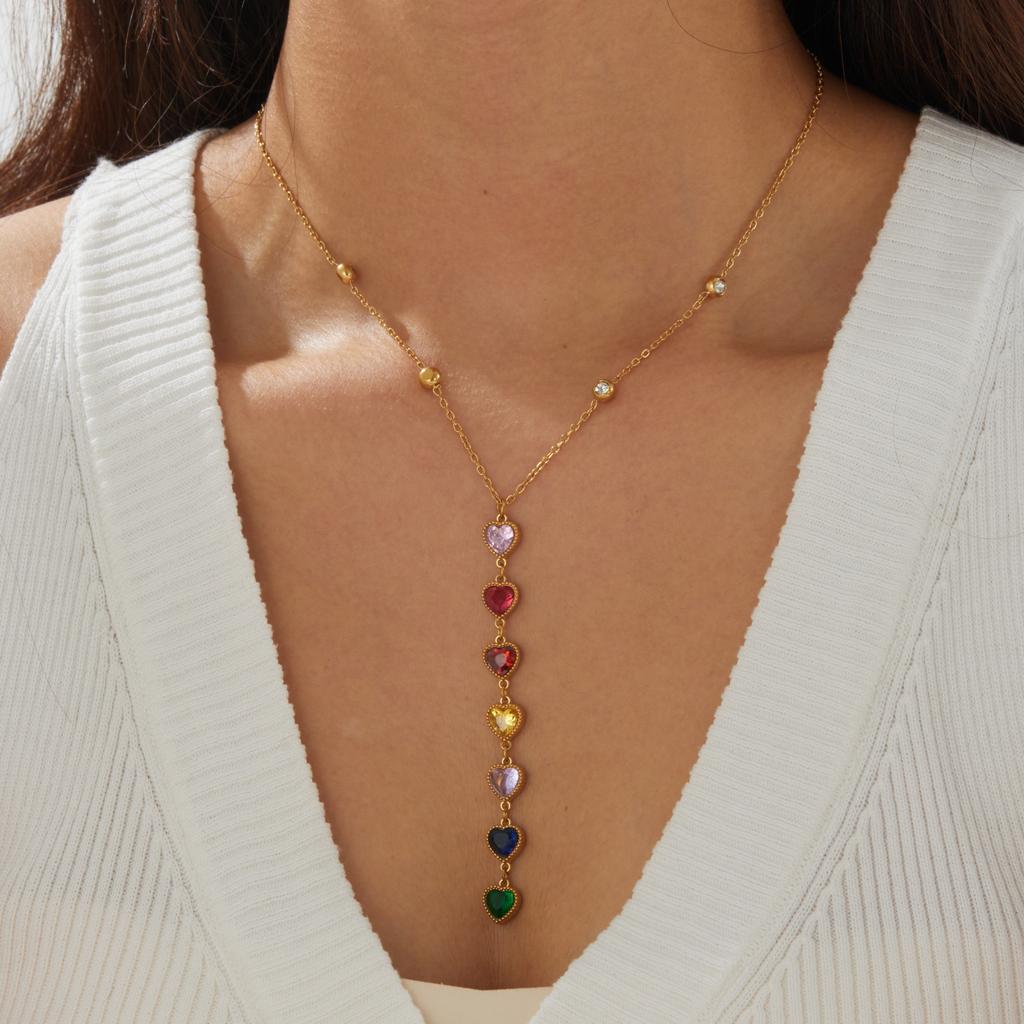 DIEYURO 316L Stainless Steel Golden Heart Water Droplet Inlay Colored Rhinestones Y-shaped Pendant Necklace Lady Fashion Jewelry