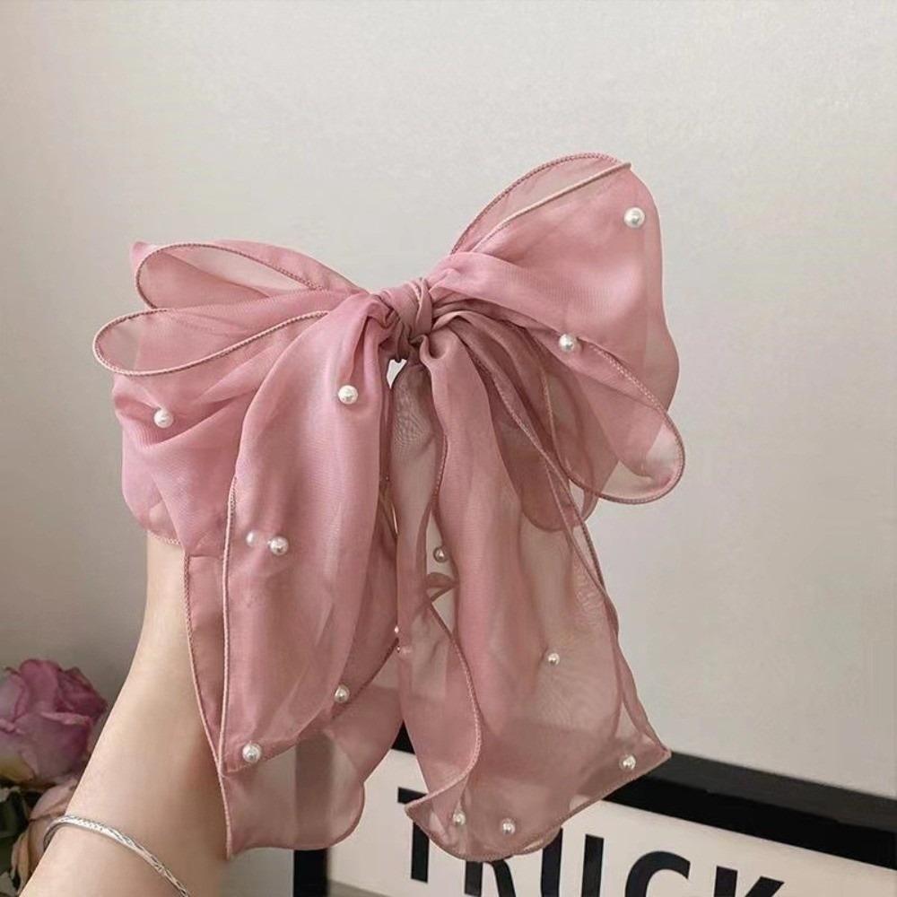 Pearl Decor Bow Hair Clip Sweet Ponytail Holder Fairy Style Sheer Organza Spring Clip Party