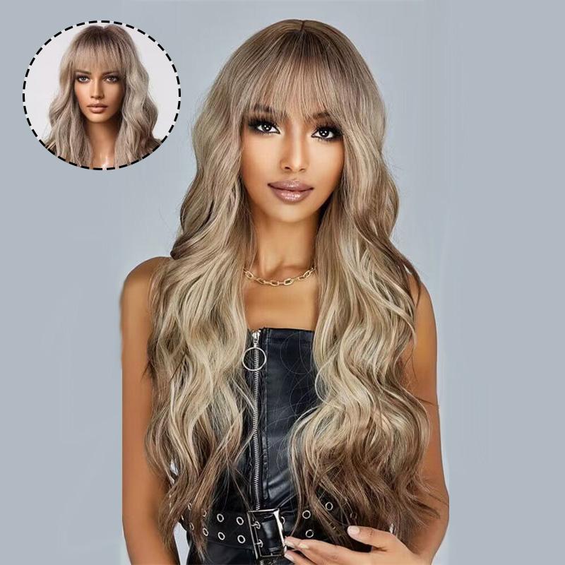Длинный вьющийся модный парик, женский волнистый градиент с воздушной челкой, большой платиновый парик