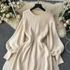 French New Loose Casual Knit Long Dress Women Solid Elastic Waist Lantern Sleeve O Neck Ladies Fashion Winter Sweater Dresses