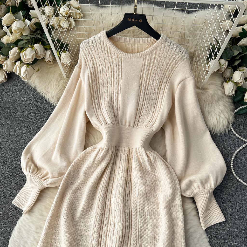 French New Loose Casual Knit Long Dress Women Solid Elastic Waist Lantern Sleeve O Neck Ladies Fashion Winter Sweater Dresses