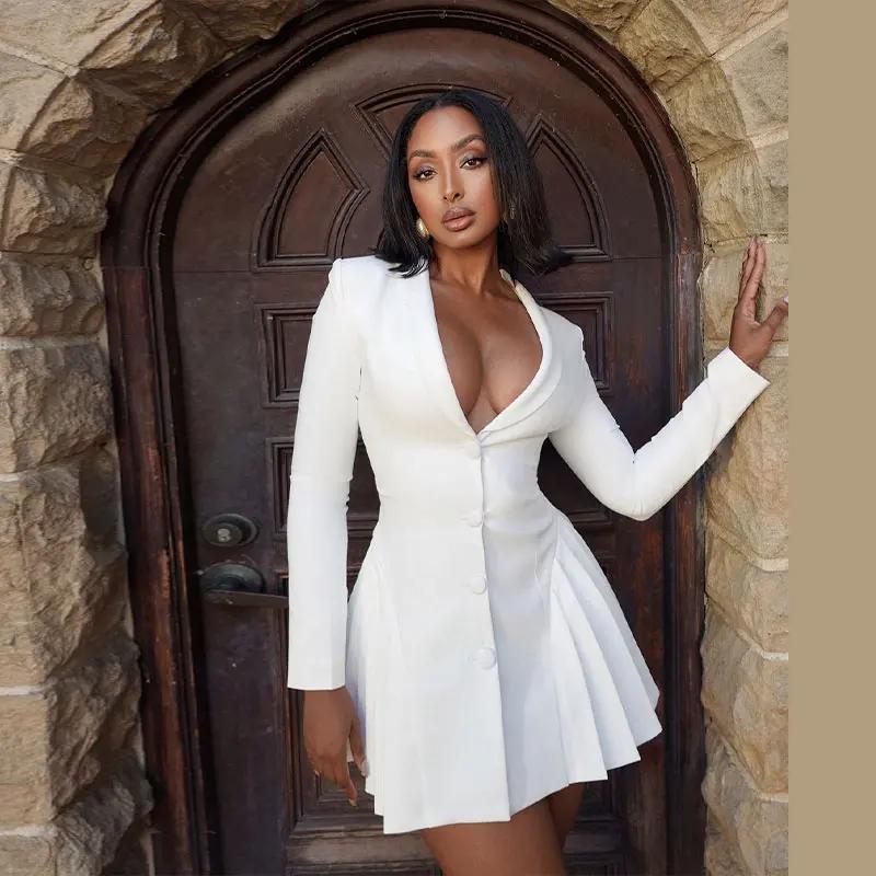 Women Elegant White Single-breasted Pleated Mini Dress Fashion Deep V-neck Long Sleeved A-line Dressses Lady Streetwear
