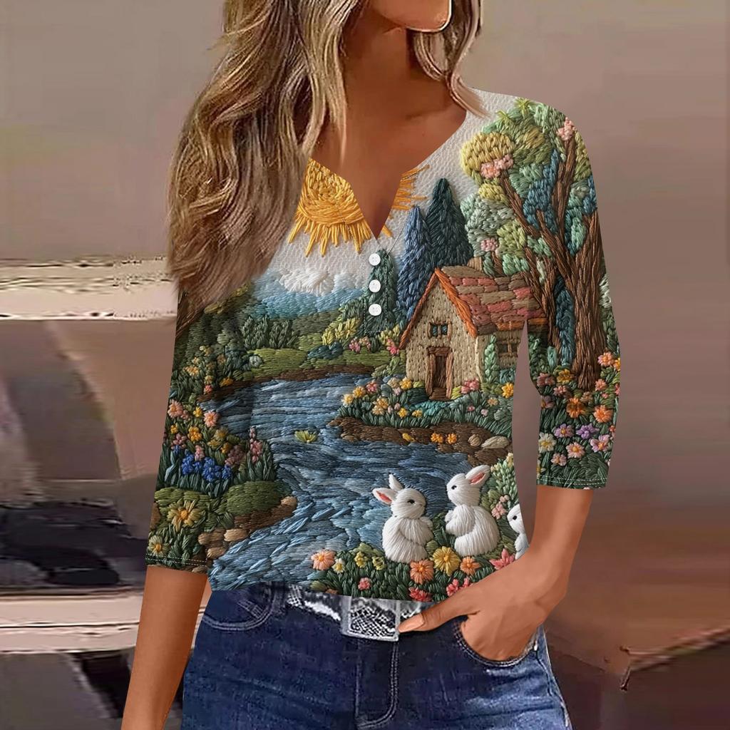 Жен. Футболка Футболка С принтом Пуговицы Рукав 3/4 Повседневные Выходные Мода Классический V-образный вырез Обычный Топ