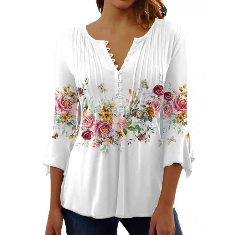 Floral Print T Shirt For Women With 3d Effect Polyester V Neck Short Sleeve Casual Top