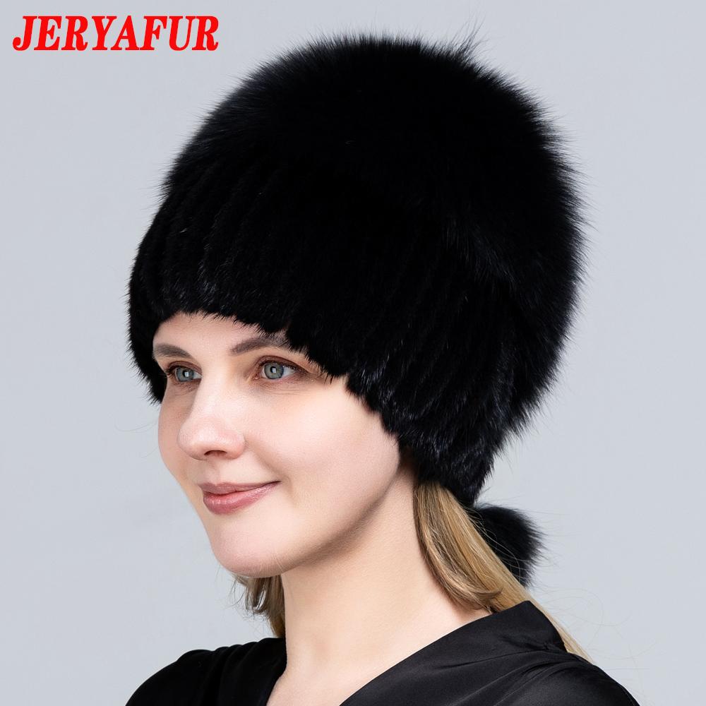 JERYAFUR Женская зимняя меховая шапка из натурального меха, вязаная меховая шапка с помпоном из норки и лисы с шариками, стильная теплая модная шапка для девочек, шапка