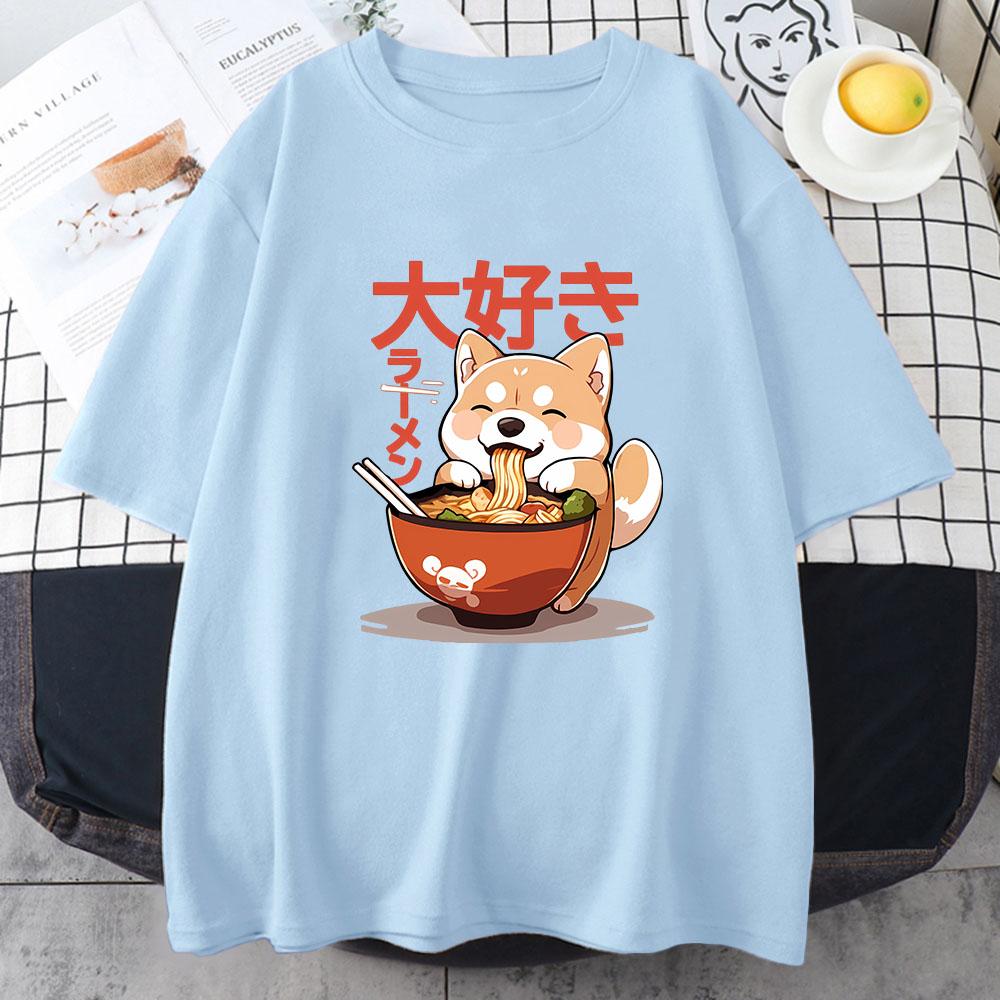 Shiba Inu Enjoying Ramen T-shirts 100% Cotton High Quality Summer Tee-shirt Casual Women/Men Kawaii Tshirt Cute Girls Shirts