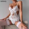 Aduloty Белые кружевные кружевные ресницы с полой строчкой, милая юбка, чулки с подвязками, длинные ажурные чулки, костюм