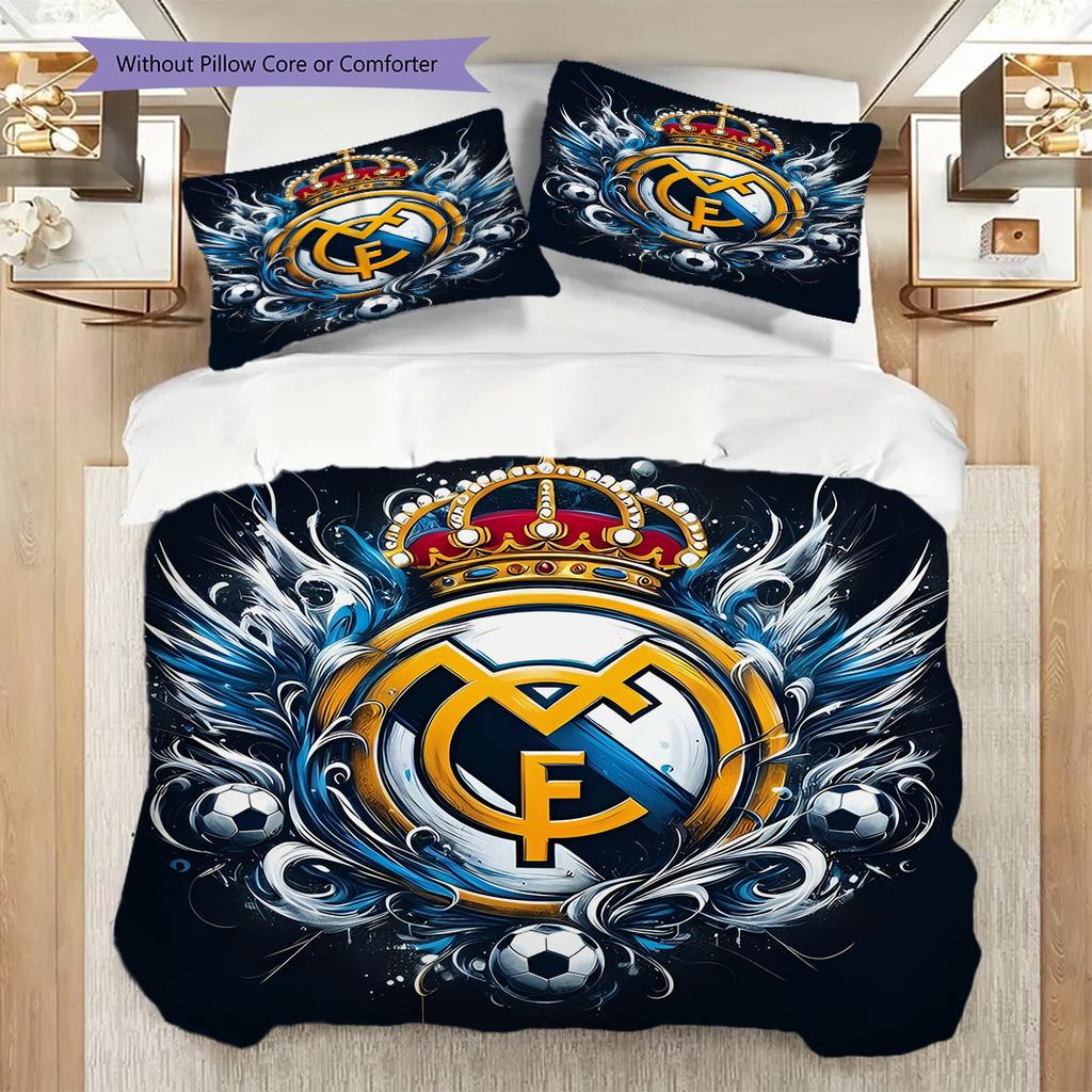 Комплект постельного белья с узором ФК Реал Мадрид Одеяло Покрывало Наволочка Домашний Декор Подарок на День Рождения (1 пододеяльник + 2 наволочки, без наполнителя)