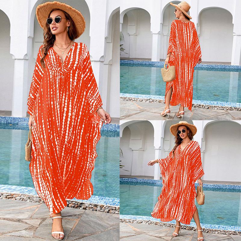 European & American Cotton Print Plus Size Loose Beach Dress Cover-Up for Women