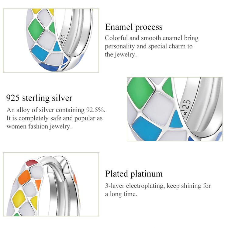 BAMOER New Trendy 925 Sterling Silver Rainbow Chequered Earrings Fashion Brilliant Color Ear Buckles for Women Fine Jewelry Gift