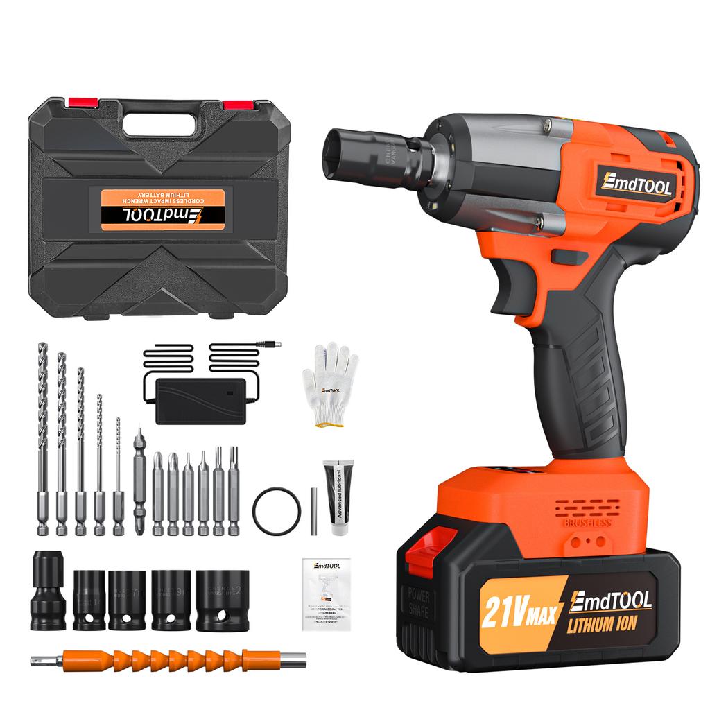 1800NM Cordless Electric Impact Wrench Power Tool 21V Brushless Electric Wrench Hand Drill with 4pcs Sockets and Bits Set 1/2"