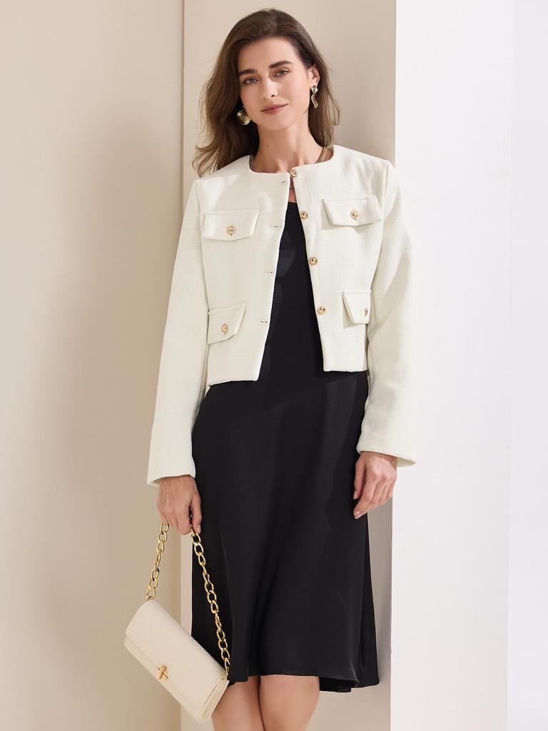 Женский укороченный твидовый жакет Allegra K, длинный рукав, застежка на пуговицы, осень/зима, для поездок на работу, деловой блейзер, белый, размер M