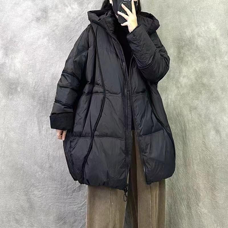 High-end down jacket women's new loose large size thickened hooded white duck down medium and long thermal jacket