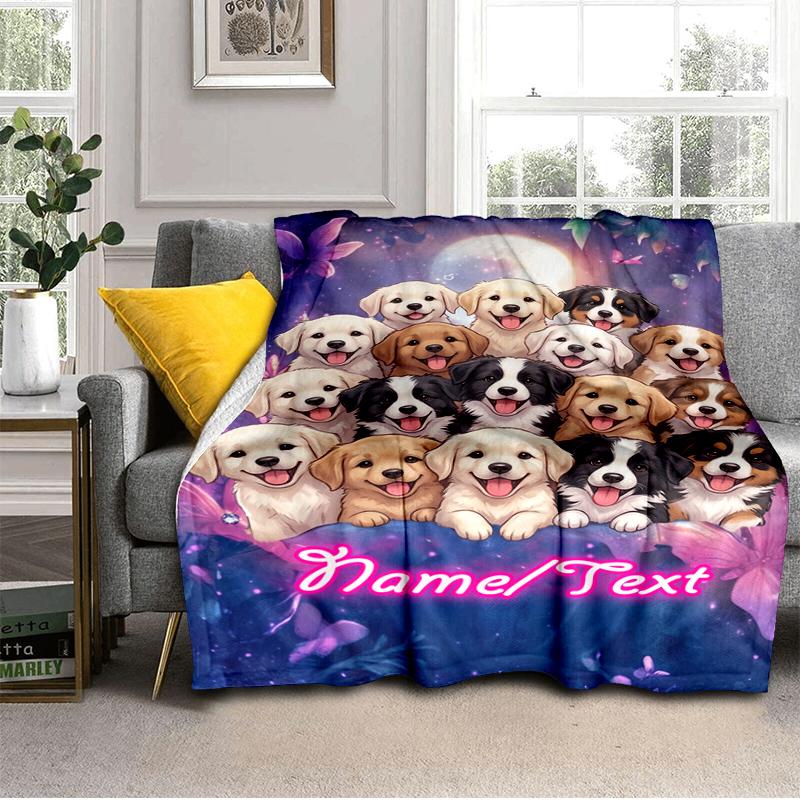 1PC Custom Name Puppy Moonlit flannel blanket versatile,all-season throw suitable for the living room,bedroom,camping,travel,and gift