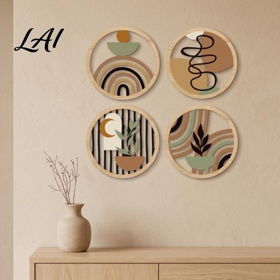 Natural Material Home Ornaments 4Pcs Boho Wooden Wall Art 2D Flat Round Hanging Signs Modern Geometric Wavy Circle Wood Decor Bohemian Plaques for