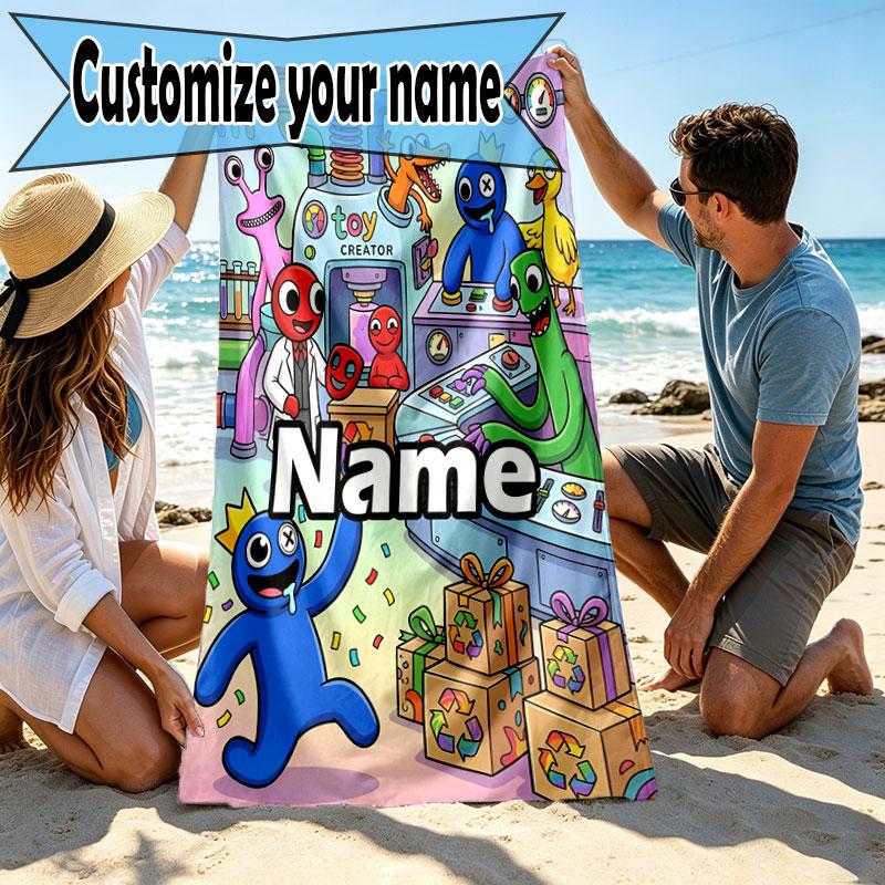 Custom Name Personalized Game Rainbow Friends Print Beach Towel, for Trip Camping Beach Party Home Decor, Birthday Gift for Family & Friends