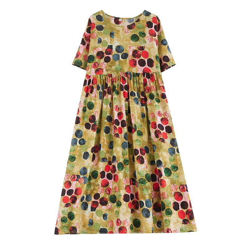 DIMANAF Женское платье больших размеров 2024, новое летнее стильное платье с круглым вырезом и цветочным принтом, зеленое льняное базовое платье 1092