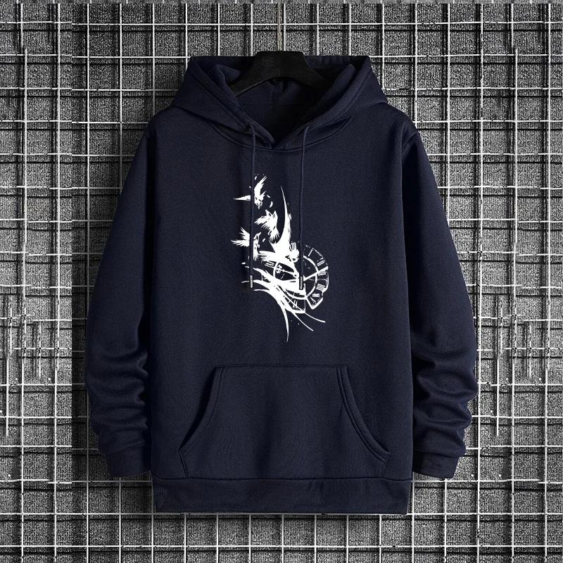 2025 Male Trendy Casual Winter Hoody Outerwear Ancient Raven Pattern Mens Hoodies Urban Streetwear Hip Hop Hooded Sweatshirt