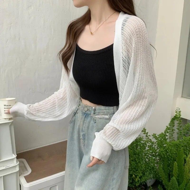 White Hollowed Out Knitted Cardigan Sweet Versatile Women Short Top Loose Shawl Thin Coat New Fashion Commuting Spring Autumn