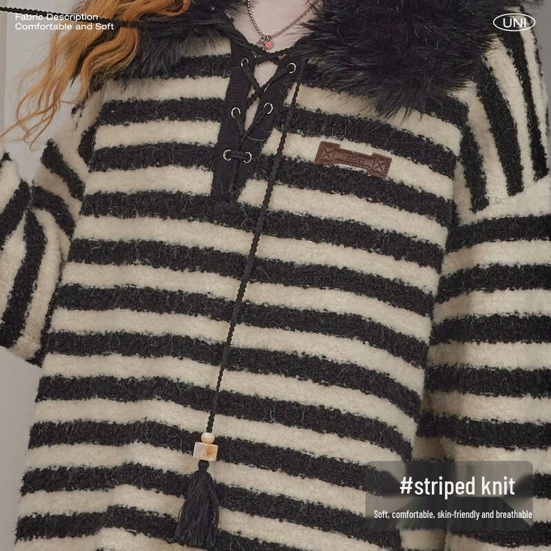 unifree Women's Striped Lapel Knit Sweater with Fur Collar & Tie-Up