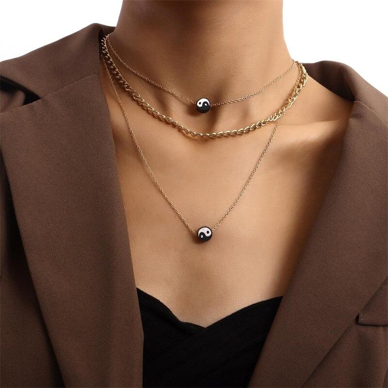 iF ME Корейское простое ожерелье с подвеской в ​​стиле Тай-Чи для женщин, черное, белое, золотое, многослойное колье, вечерние ювелирные изделия, подарки