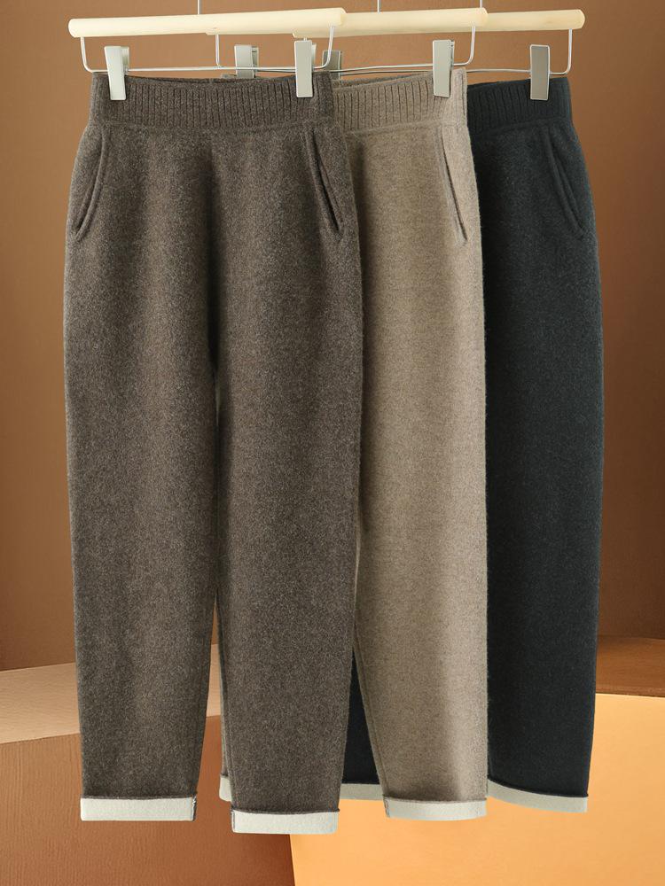 100% Wool High Waist Slimming Knit Pants: Fashionable Solid Color Elastic Skinny Pants for Women, Autumn Winter Collection