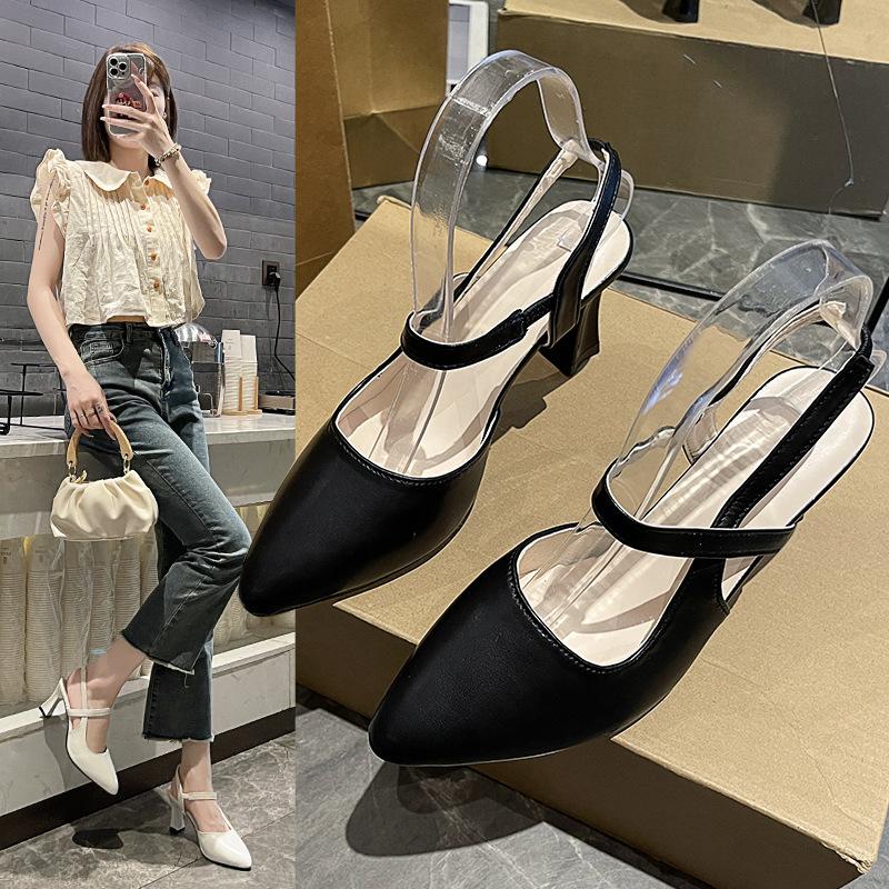 Французские туфли на высоком каблуке женские на тонком каблуке с закрытым носком сандалии 2025 лето новые с острым носком большого размера простые модные на низком каблуке одинарные туфли