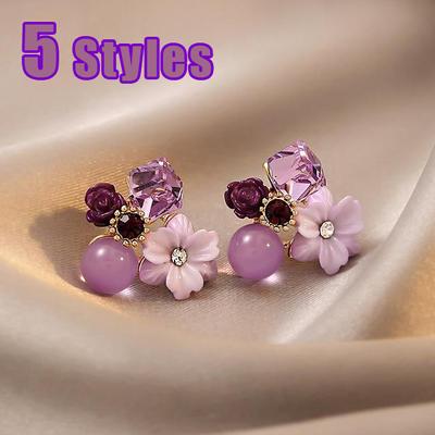 Серьги-гвоздики с фиолетовыми кристаллами и цветами для женщин, корейские модные украшения, элегантный комплект аксессуаров для свадебной вечеринки и вечеринки для девочек