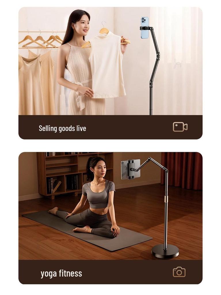 Universal Mobile Device Floor Stand with Telescopic Arm for Binge-Watching and Live Streaming