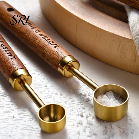 Retro Kitchen Utensils 4Pcs Gold-Plated Stainless Steel Measuring Spoons & Cups Set, Precision Baking Tools with Wooden Handle Wood Handle,