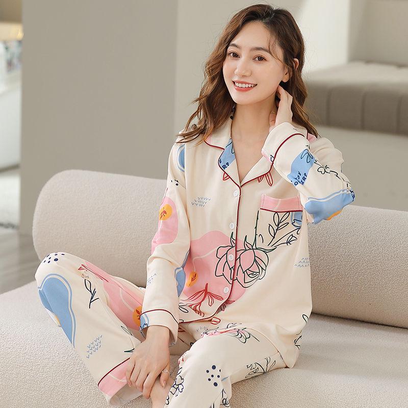 Женский пижамный комплект в корейском мультяшном стиле - 100% хлопок, с длинным рукавом, подходит для весны, осени и зимы, с кардиганом для домашней носки.