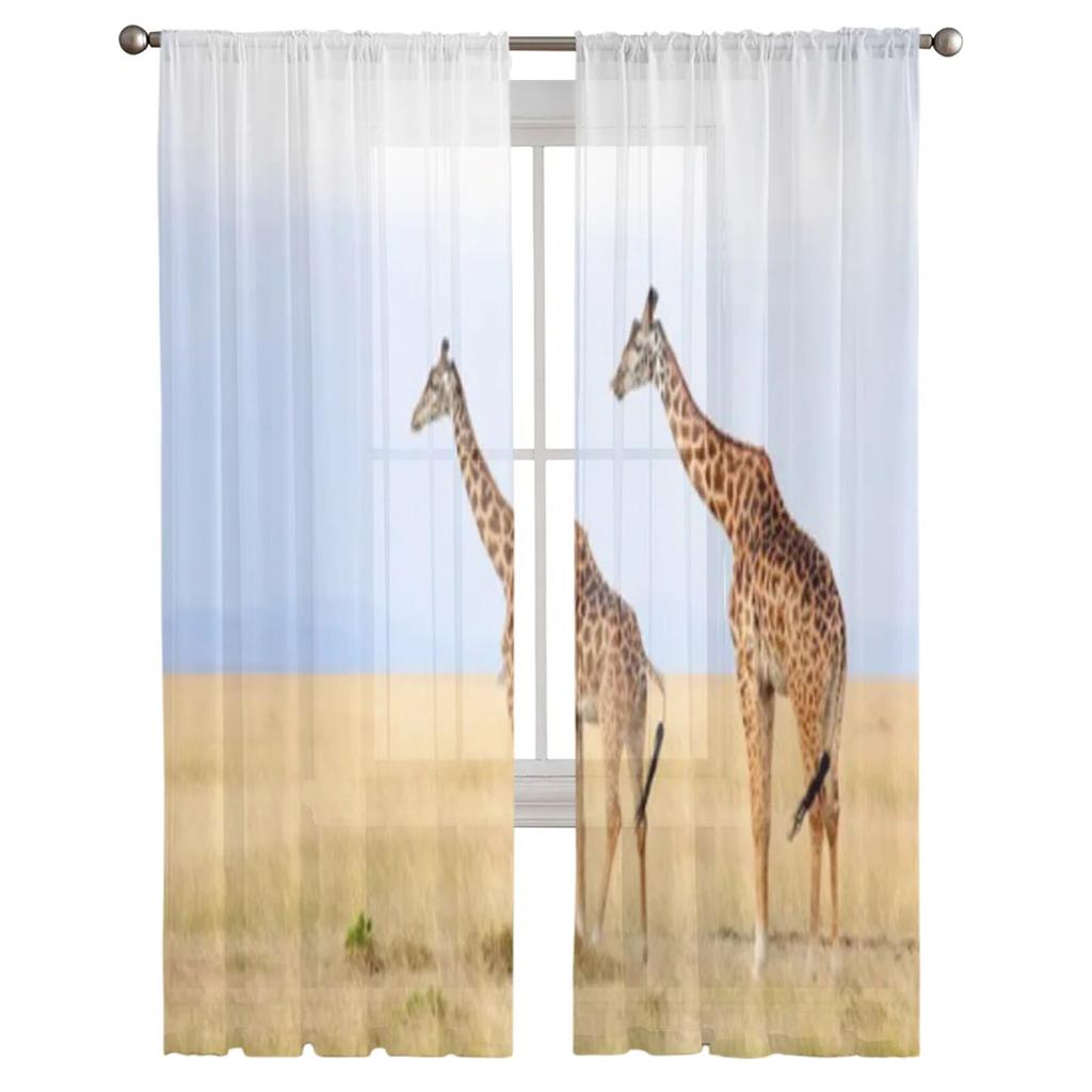 Жираф в диком зоопарке, оконные шторы, прозрачный шифоновый тюль, занавеска для дома, гостиной, фон, украшение