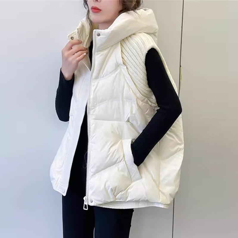 Трикотажный жилет с рукавами-пуховиками для женщин 2024 года, зимняя новая мода с капюшоном, теплый жилет для маленьких носков